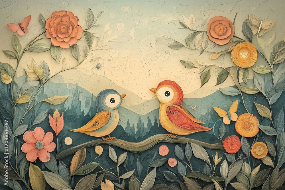 Obraz premium Magical forest with baby birds, vibrant flowers and lush greenery