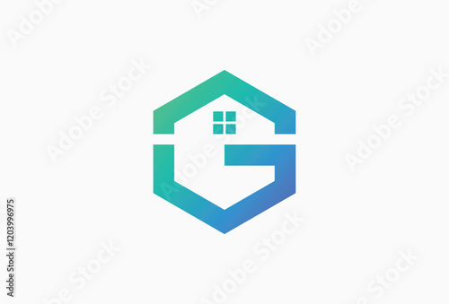 Letter G Housing Logo.  window icon and Hexagon Alphabet Logotype Concept for Real estate, Building Construction, Architecture, Apartment, house, home, residential, property and investment Symbol.