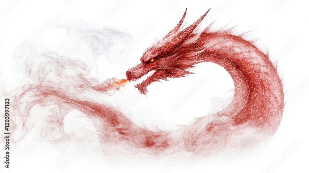 Fototapeta premium Majestic Red Dragon Exhaling Smoke Mythical Creature Fantasy Art Digital Painting