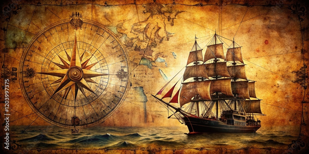 Fototapeta premium Silhouette of a Ship on a Vintage Old Sea Map Background - Nautical Stock Photo