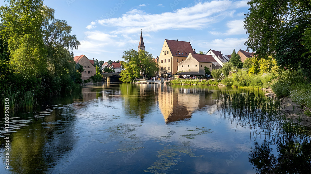 Calm river reflecting historic town, sunny day, idyllic summer scene, perfect for travel brochures Calm river reflecting historic town, sunny day, idyllic summer scene, perfect for travel brochures