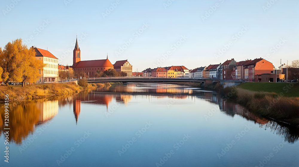 Calm river reflecting town, church, bridge at sunrise; ideal for travel brochures Calm river reflecting town, church, bridge at sunrise; ideal for travel brochures