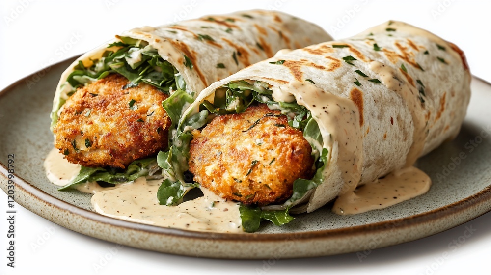 Crispy fish wraps with sauce, greens, plate Crispy fish wraps with sauce, greens, plate