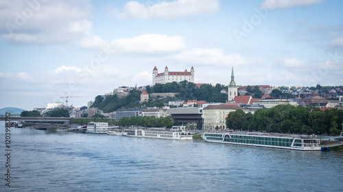Photography Bratislava daily cityscape with castle and Danube river, Slovakia, Eastern Europ