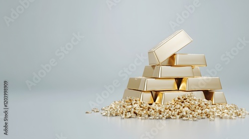 A stack of gold bars sits atop a pile of fine gold dust, reflecting wealth and luxury in a minimalist setting.