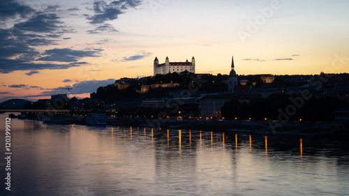 Photography Colorful sunset panorama of Bratislava with Danube river and the Castle shot in