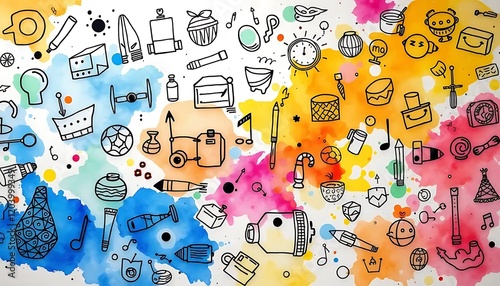 Colorful Watercolor Painting Featuring Many Doodle Objects