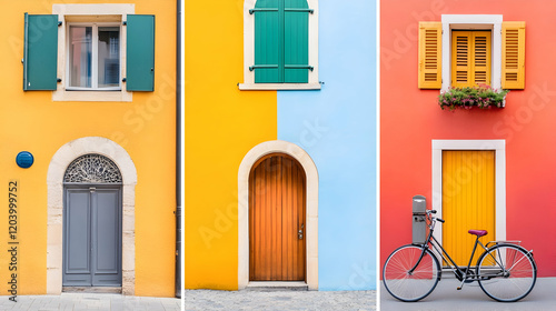 Colorful European houses, doors, windows, bicycle; travel, architecture photography