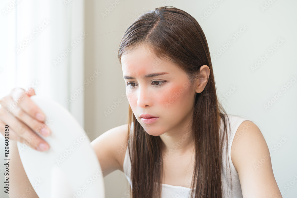 Dermatology, scratch asian young woman looking at mirror, expression worry and itch, itchy allergy or allergic sensitive reaction, red spot or rash on her face. Beauty care from skin problem treatment Dermatology, scratch asian young woman looking at mirror, expression worry and itch, itchy allergy or allergic sensitive reaction, red spot or rash on her face. Beauty care from skin problem treatment