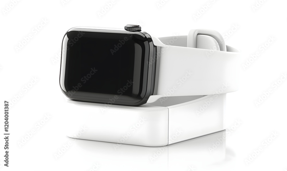 Smartwatch with white band on charging dock. Smartwatch with white band on charging dock.