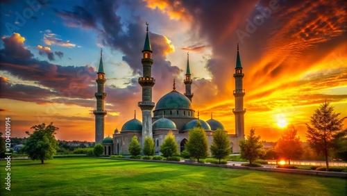 Silhouette of Maykop Mosque at Sunset, Adygea Republic, Russia photo