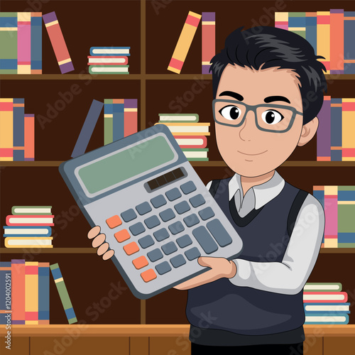 Portrait of cartoon positive accountant in glasses with huge calculator in hands against background of shelves with books, flat style, isolated on white