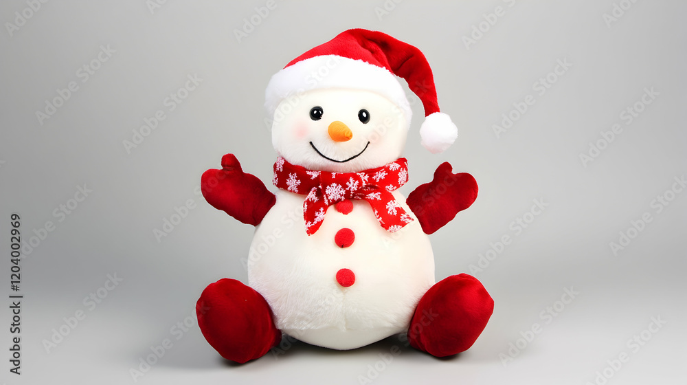 Festive plush snowman toy on gray background, perfect for holiday greeting cards Festive plush snowman toy on gray background, perfect for holiday greeting cards