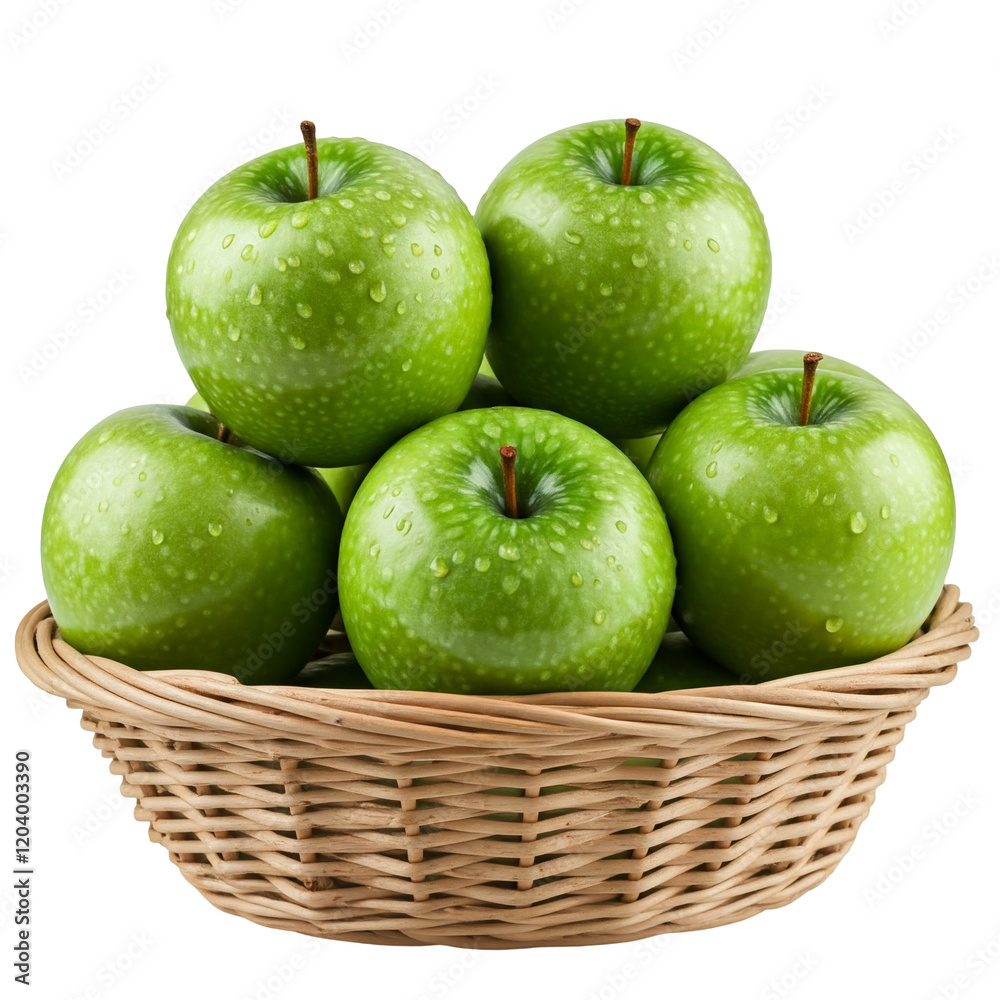 Basket of Green Granny Smith Apples with Water Droplets Glistening on Their Skin, Set Against White Background Basket of Green Granny Smith Apples with Water Droplets Glistening on Their Skin, Set Against White Background