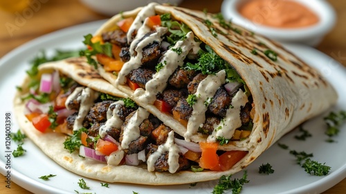 Delicious meat wrap with veggies, close-up shot