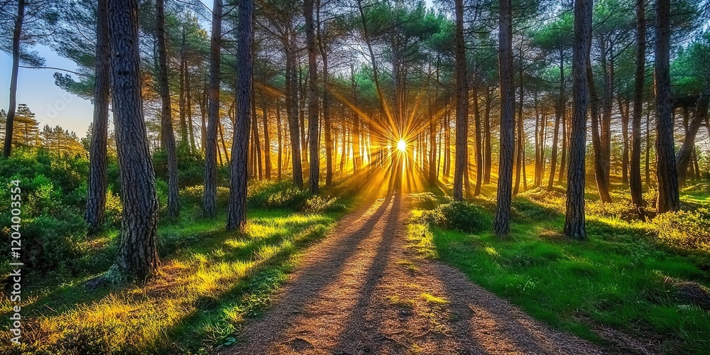 Fototapeta premium A forest with tall trees and sunlight shining through the branches, creating long shadows on an old dirt path that leads to the horizon