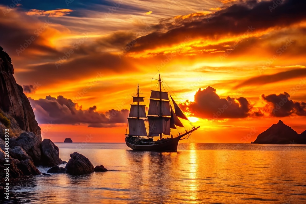Fototapeta premium Silhouette of Sailing Ship at Sunset over Elizabethan Islands, Massachusetts
