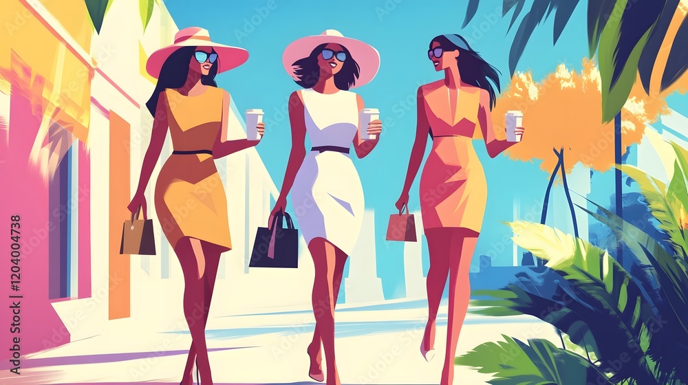 Three Stylish Women Stroll Through a Sunny City Street Three Stylish Women Stroll Through a Sunny City Street
