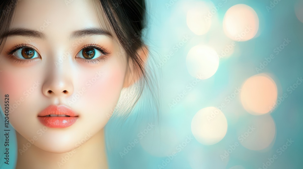 Captivating gaze, closeup portrait of woman with striking blue eyes and soft pink lips