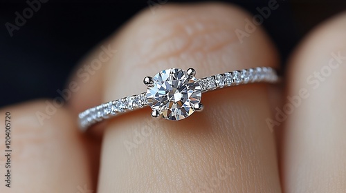 Diamond solitaire engagement ring on finger
