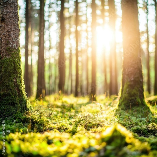 Sunlight Filtering Through Lush Green Trees in Enchanting Forest Creating a Tranquil Natural Atmosphere photo