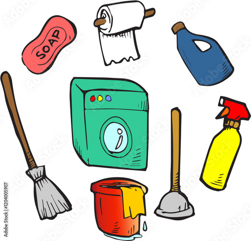 set of cleaning elements doodle vector illustration	