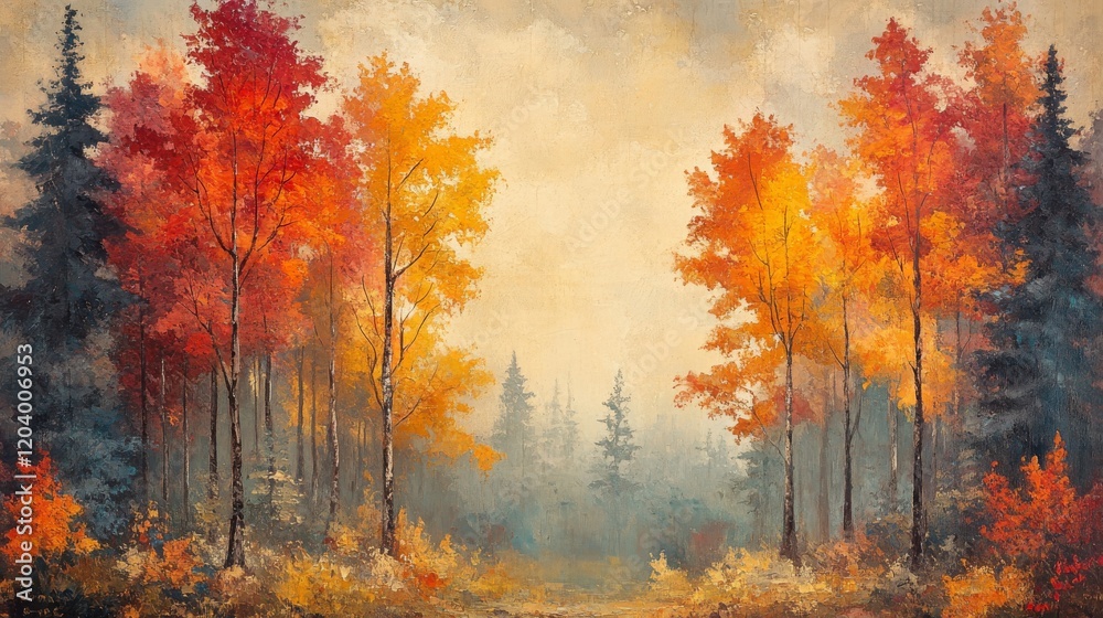 Fototapeta premium A stunning oil painting capturing the vibrant hues of an autumn forest with trees in brilliant shades of red and yellow