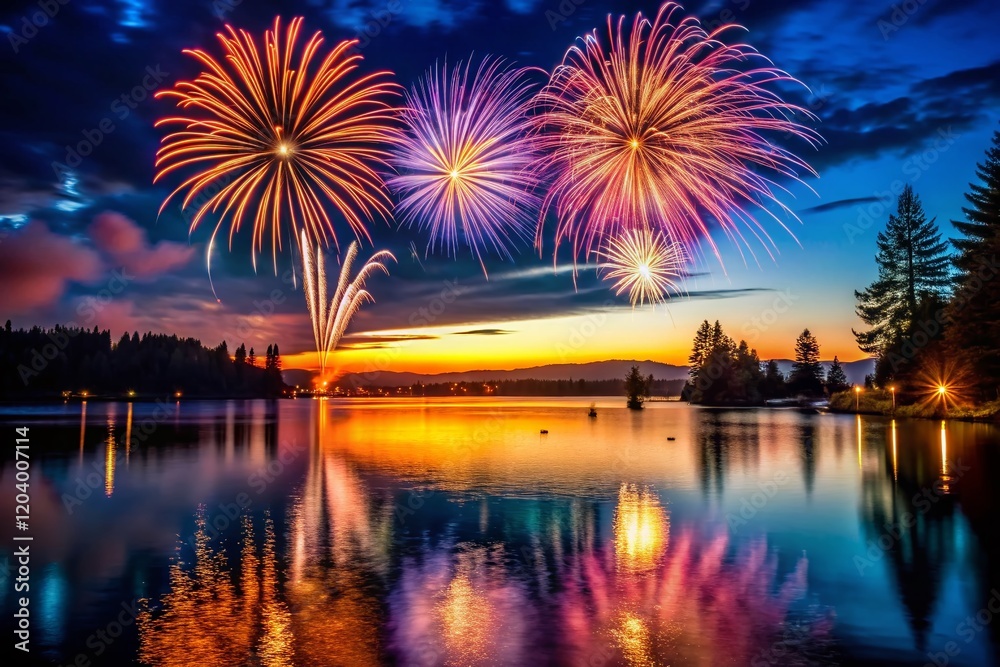 Fototapeta premium Silhouetted Lake Fireworks Display - Night Sky Spectacle