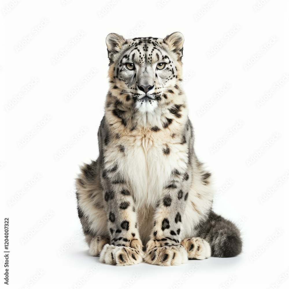 Studio shot of a snow leopard sitting majestically against a white backdrop, its captivating gaze meeting the viewer Studio shot of a snow leopard sitting majestically against a white backdrop, its captivating gaze meeting the viewer