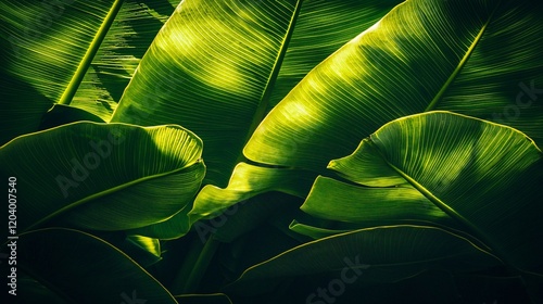 view of banana leaf edges with sunlight shining through, highlighting the wide leaves and their fresh, vibrant green color Banana leaves 