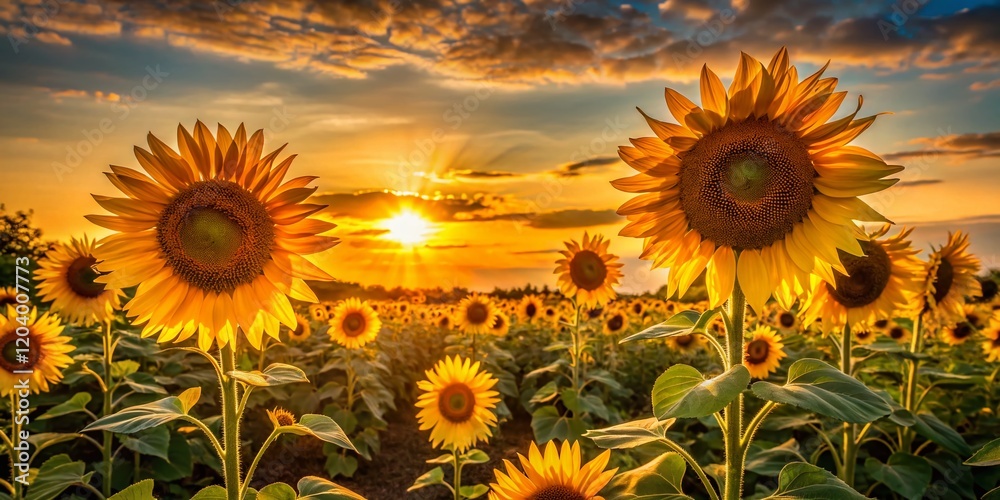 Obraz premium Silhouetted Sunflowers at Sunset: Vibrant Yellow Blooms Against a Natural Background