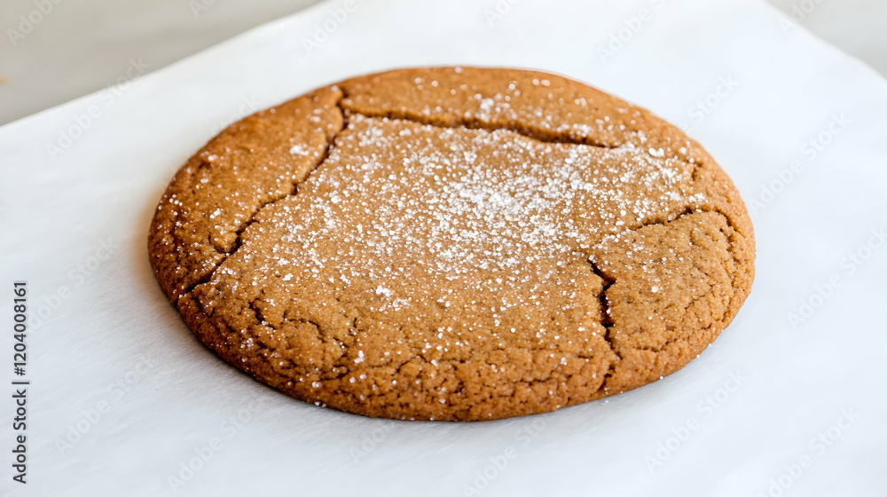 Large gingersnap cookie, powdered sugar topping, on parchment paper, kitchen background. Food photography for recipe blogs, websites, or cookbooks Large gingersnap cookie, powdered sugar topping, on parchment paper, kitchen background. Food photography for recipe blogs, websites, or cookbooks