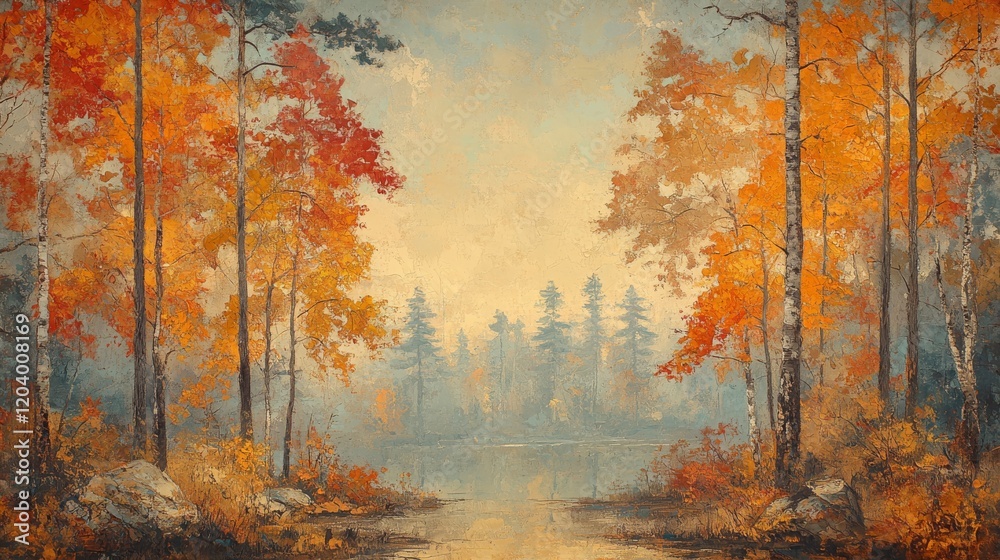 Fototapeta premium Autumnal Serenity: A Painterly Forest Scene with Vibrant Foliage and Tranquil Lake Reflecting a Peaceful Atmosphere