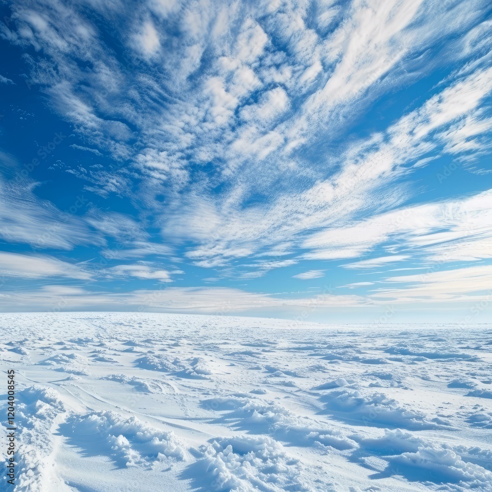 Naklejka premium Snow covered field stretching under a vast blue sky dotted with wispy cirrus clouds, creating a serene winter scene