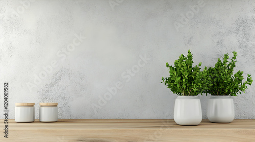 Minimalist kitchen interior, plants on wooden counter, textured wall background; ideal for home decor websites photo