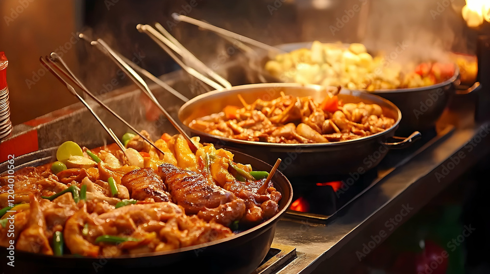Night market food stall, sizzling dishes, Asian cuisine, delicious street food, vibrant background Night market food stall, sizzling dishes, Asian cuisine, delicious street food, vibrant background