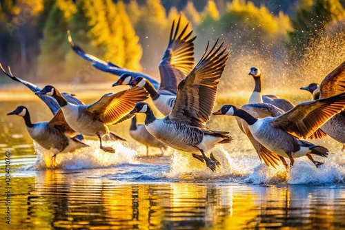 Slow Motion Canada Geese Flock Taking Flight, Norway Bird Sanctuary, 120fps photo