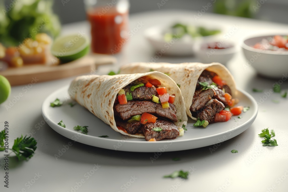 Two delicious beef burritos with peppers and onions on a plate. Two delicious beef burritos with peppers and onions on a plate.