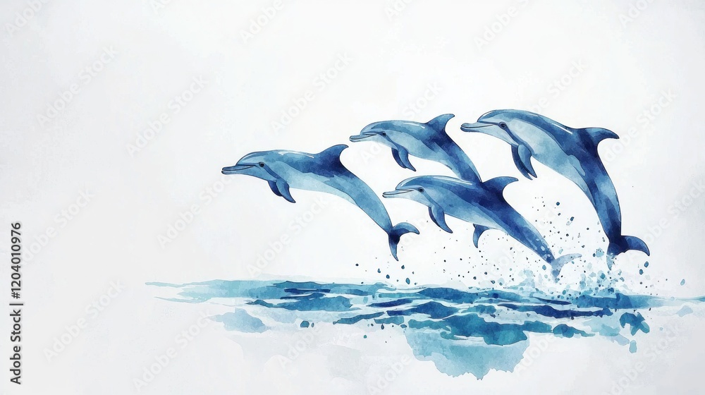 Fototapeta premium Dynamic Watercolor Dolphins Leaping in Vibrant Ocean Splash