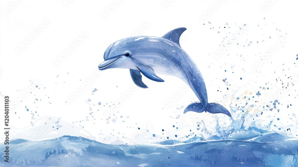 Fototapeta premium Beautiful Dolphin Leaping Through Ocean Waves in Watercolor Style