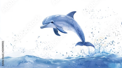 Beautiful Dolphin Leaping Through Ocean Waves in Watercolor Style