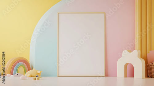 Pastel room interior mockup, blank canvas, children's toys, minimalist design, nursery decor, advertisement