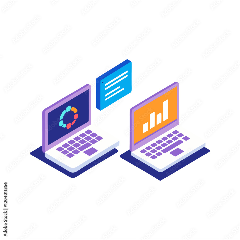 Isometric illustration of dual laptop with coding data analytics and AI symbol in a modern style, Isometric illustration of dual laptop with coding data analytics and AI symbol in a modern style,