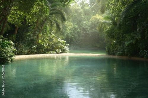 Tranquil river surrounded by lush greenery at a secluded tropical location during midday photo