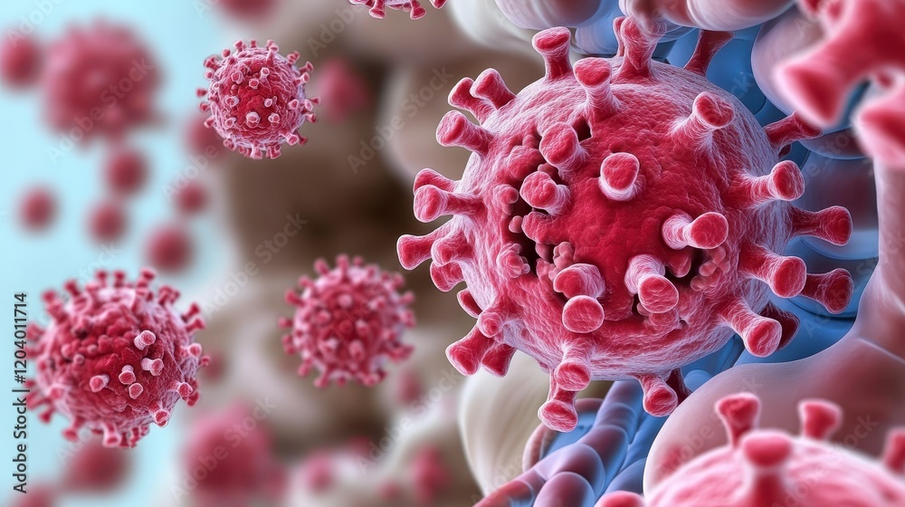 Microscopic View of Red Virus Cells Infectious Disease Viral Infection Medical Research Microscopic View of Red Virus Cells Infectious Disease Viral Infection Medical Research