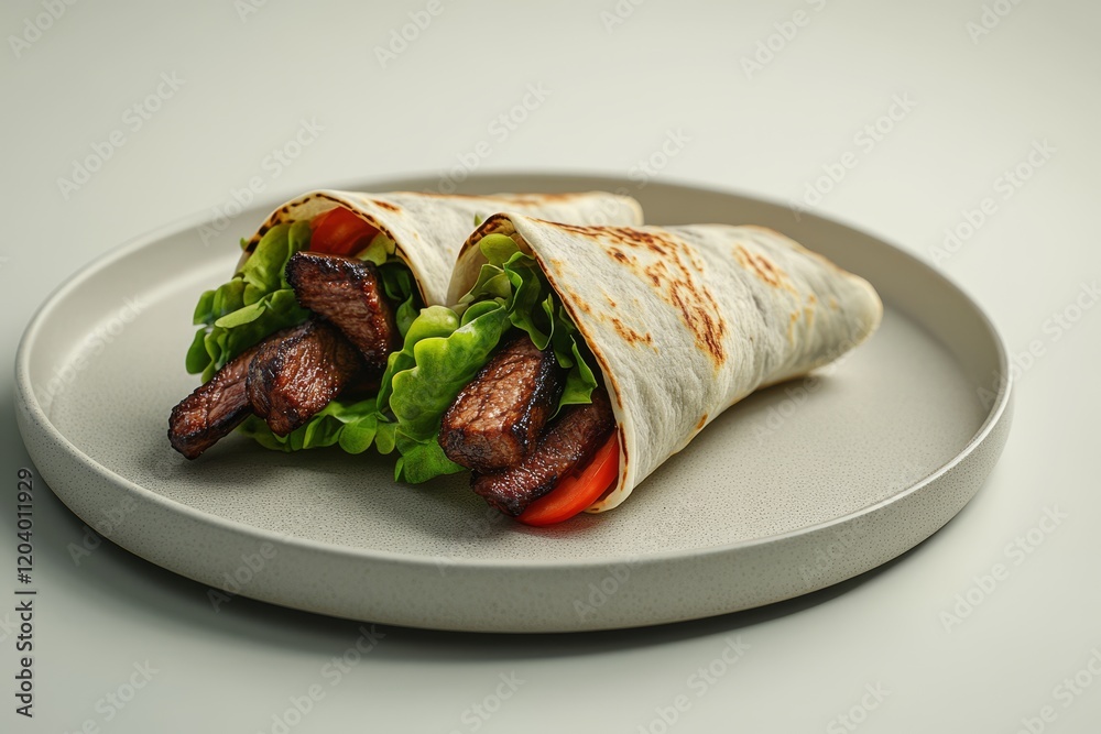 Two grilled steak wraps with lettuce and tomato on a gray plate. Two grilled steak wraps with lettuce and tomato on a gray plate.