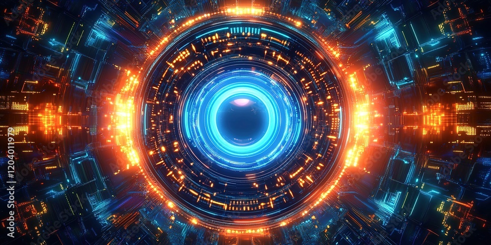 Fototapeta premium Abstract futuristic digital background with glowing circular elements and circuit board patterns.