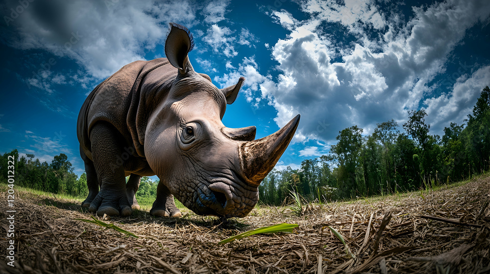 Fototapeta premium Rhino grazing in savannah, dramatic sky, conservation, wildlife photography