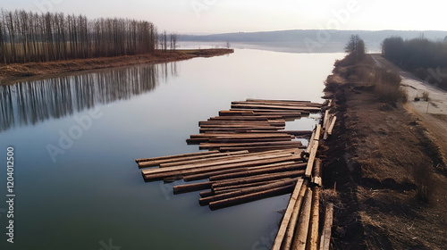 River Log Raft, Winter, Forestry, Transportation, Aerial View, Environmental Impact, Calm Water, Natural Resources photo