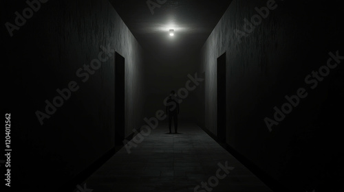Shadowy Figure Standing at the End of a Dimly Lit Hallway with Eerie Atmosphere